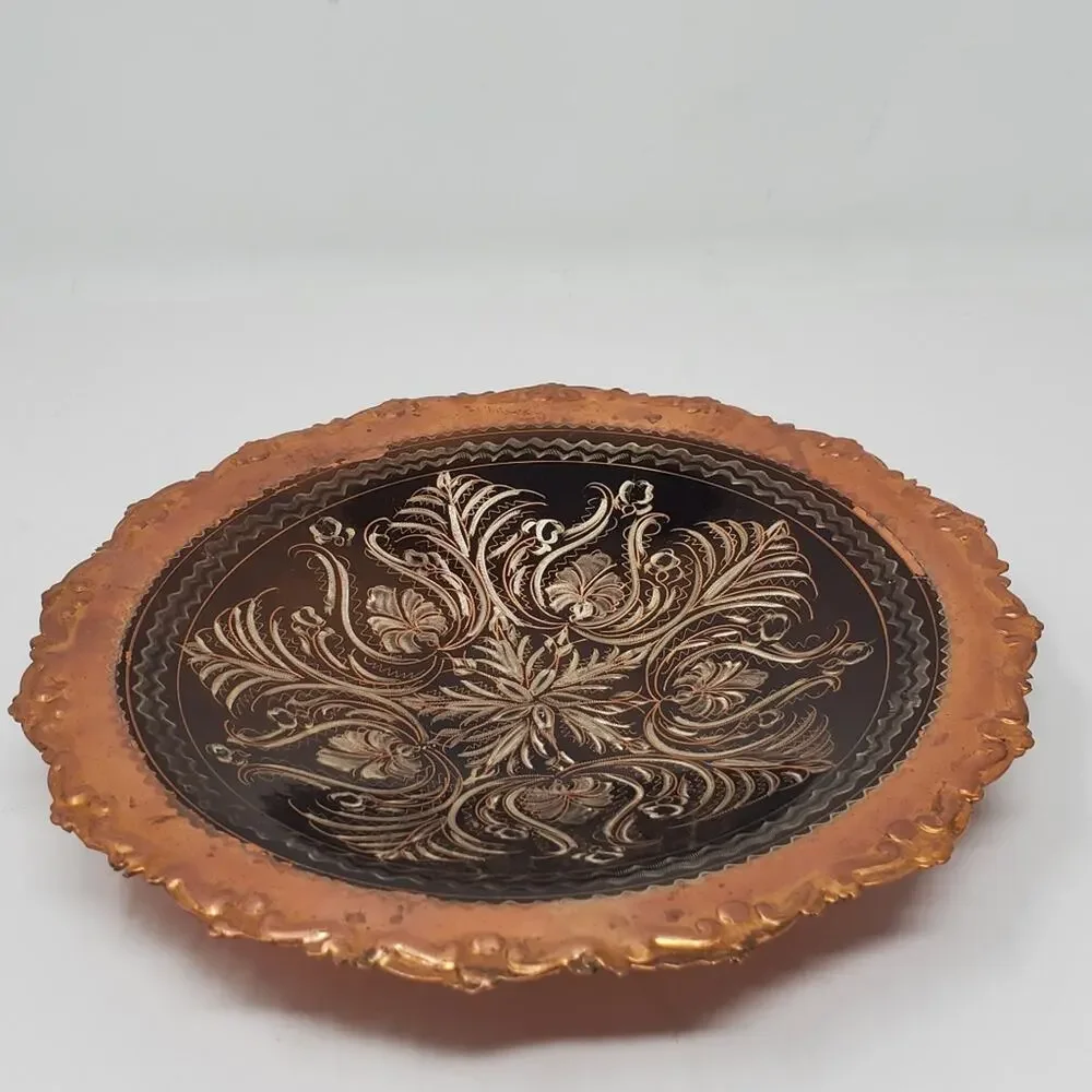 Vintage etched Copper footed decorative bowl in Great used condition 9